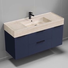 Floating Bathroom Vanity, Modern, Blue, 48 inch, Travertine Style Sink